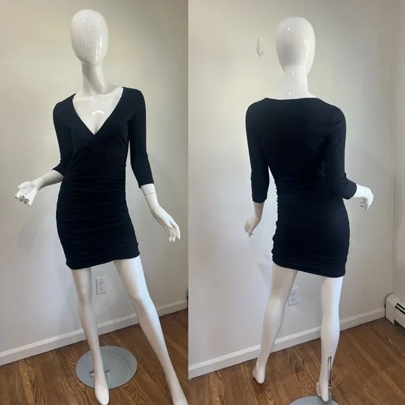 James Perse Stretchy Surplice Ruched Little Black Dress WJE6612 - Picture 3 of 9